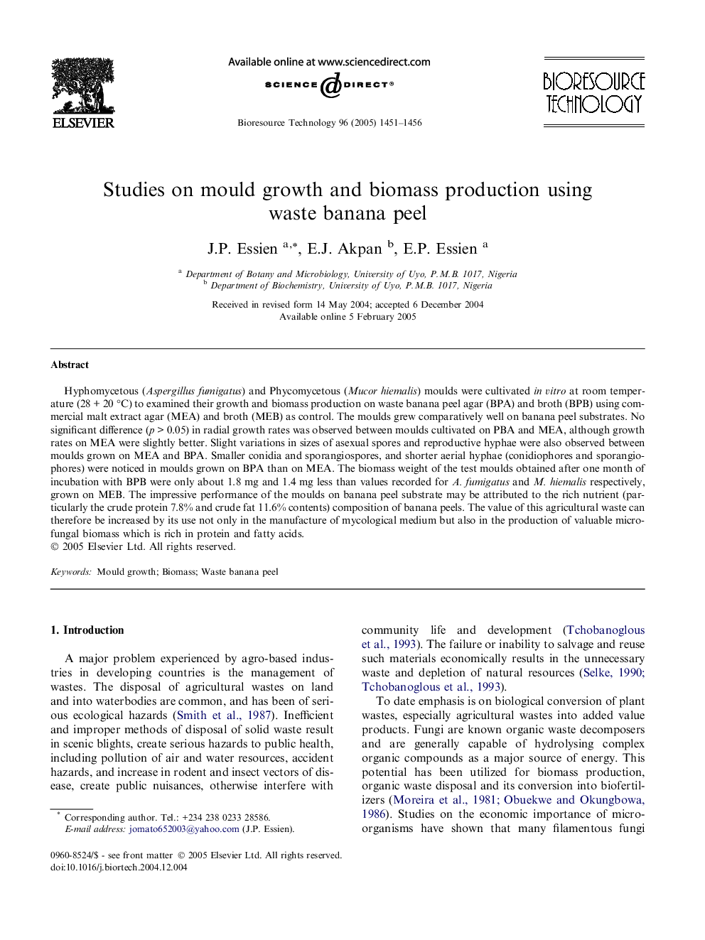 Studies on mould growth and biomass production using waste banana peel