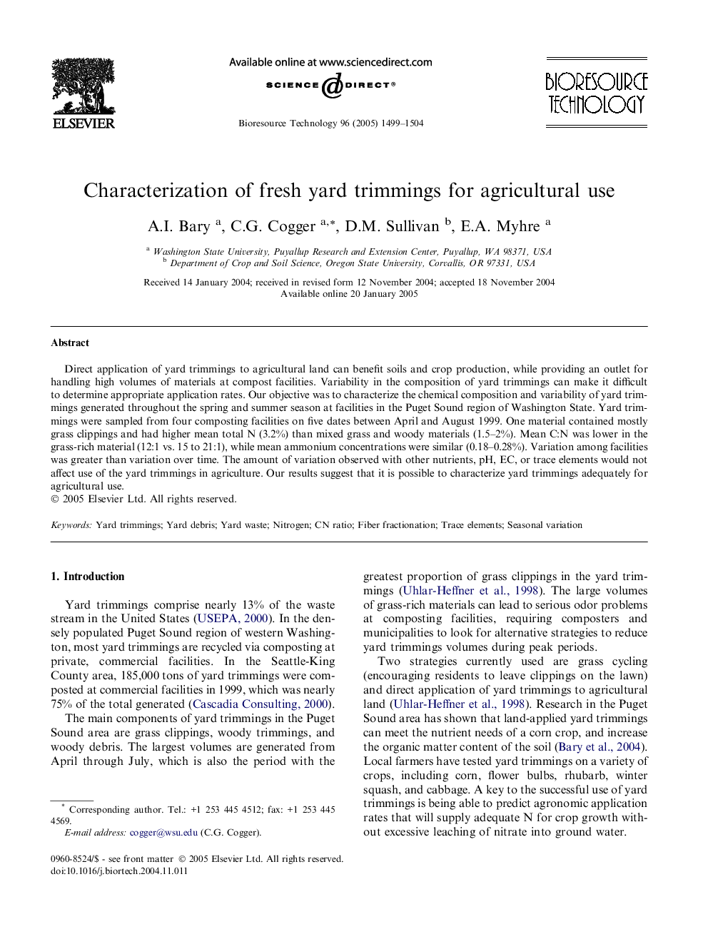 Characterization of fresh yard trimmings for agricultural use