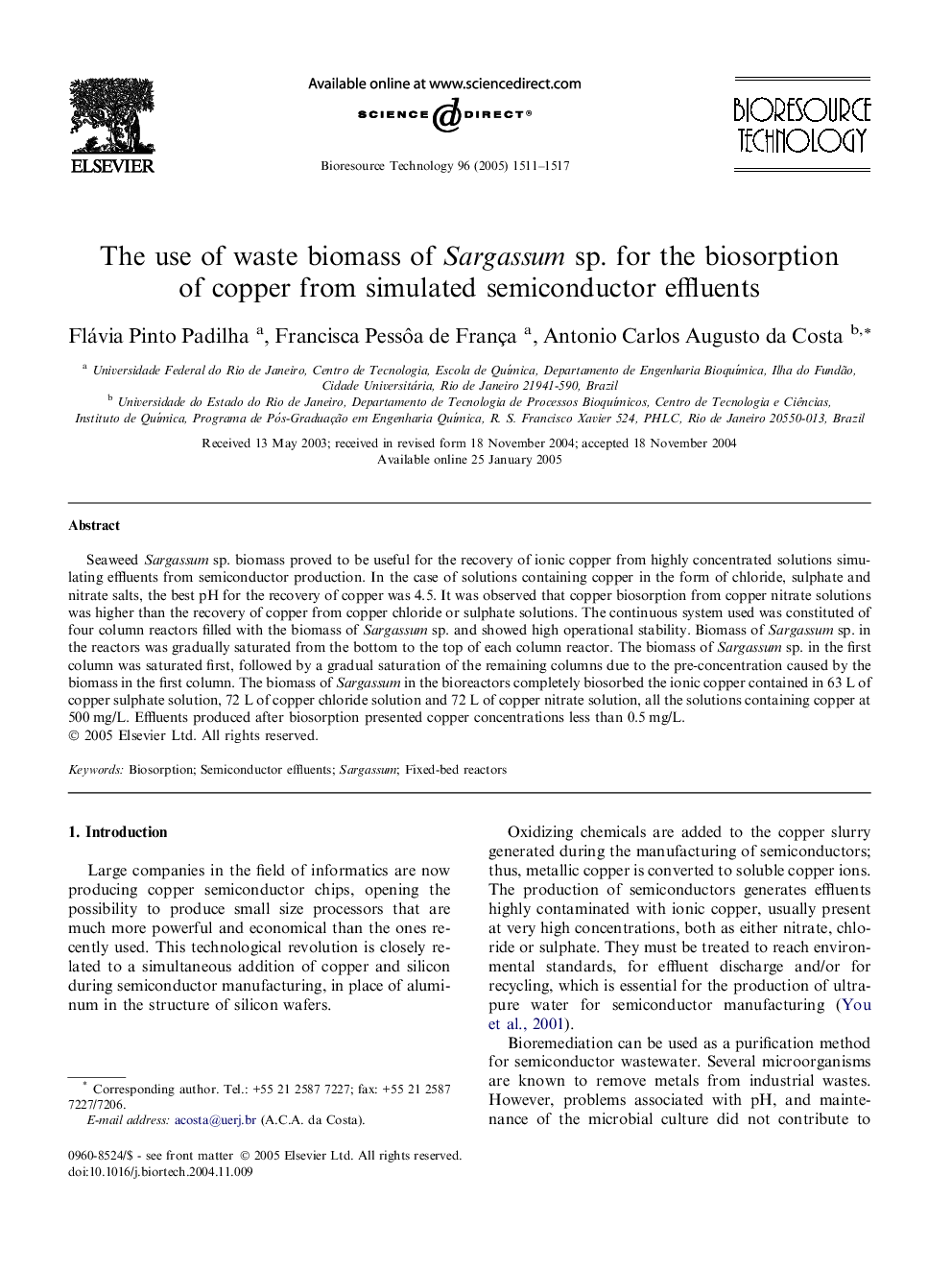 The use of waste biomass of Sargassum sp. for the biosorption of copper from simulated semiconductor effluents