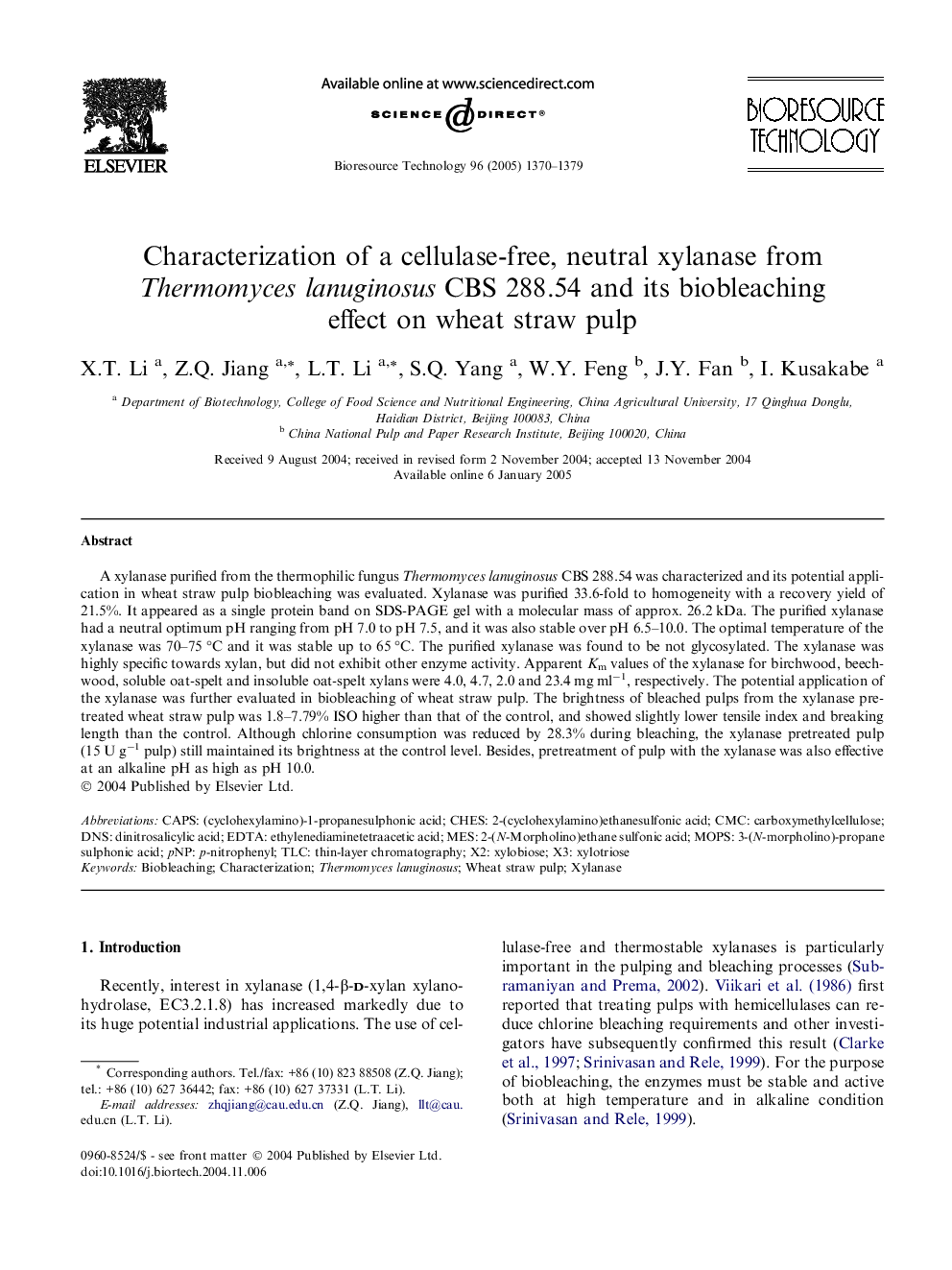 Characterization of a cellulase-free, neutral xylanase from Thermomyces lanuginosus CBS 288.54 and its biobleaching effect on wheat straw pulp