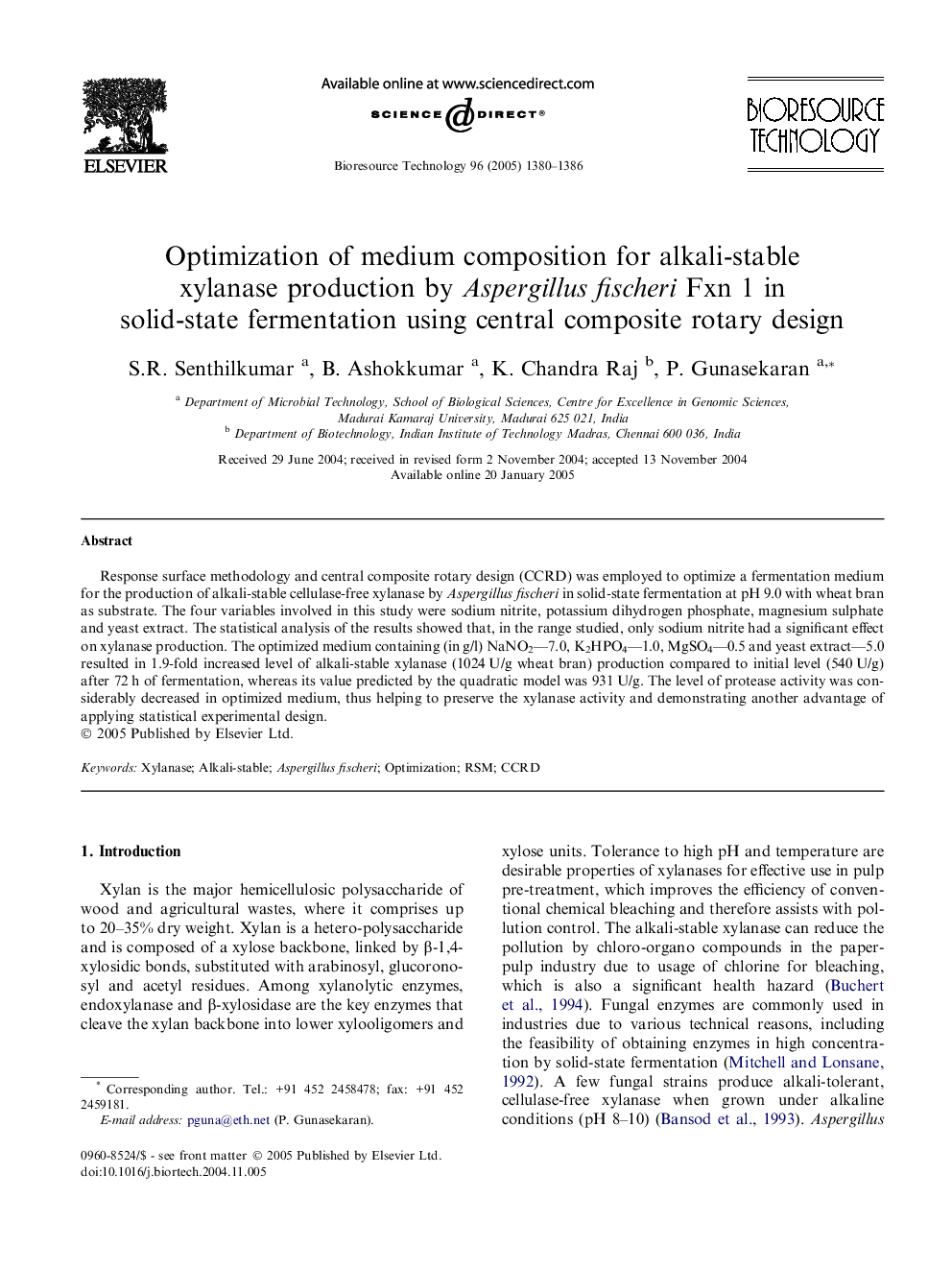 Optimization of medium composition for alkali-stable xylanase production by Aspergillus fischeri Fxn 1 in solid-state fermentation using central composite rotary design