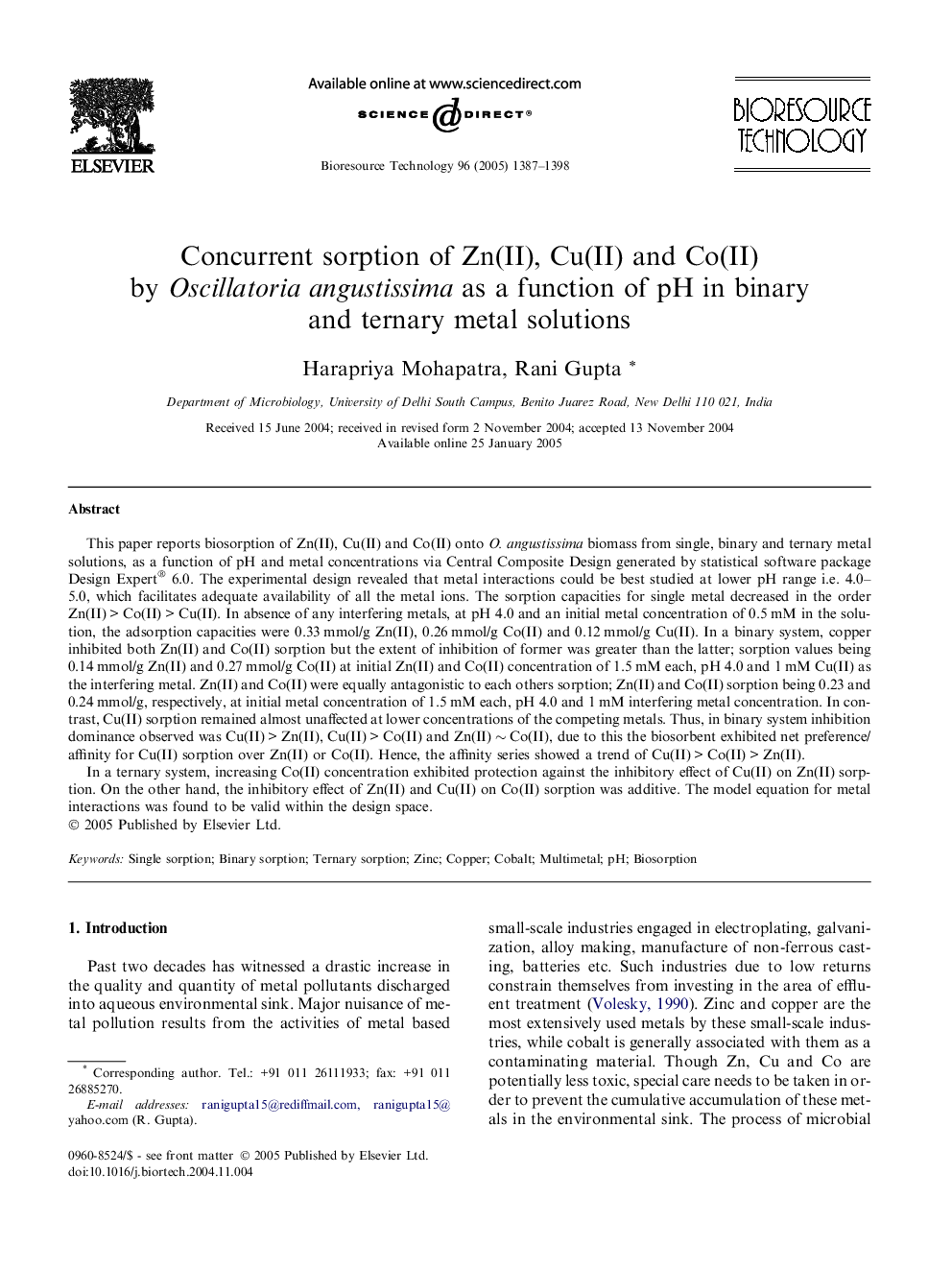 Concurrent sorption of Zn(II), Cu(II) and Co(II) by Oscillatoria angustissima as a function of pH in binary and ternary metal solutions