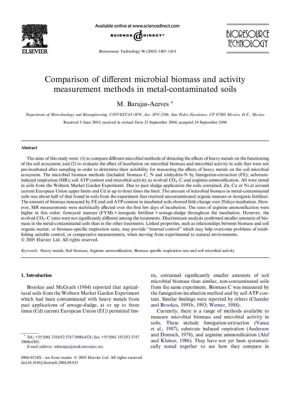 Comparison of different microbial biomass and activity measurement methods in metal-contaminated soils