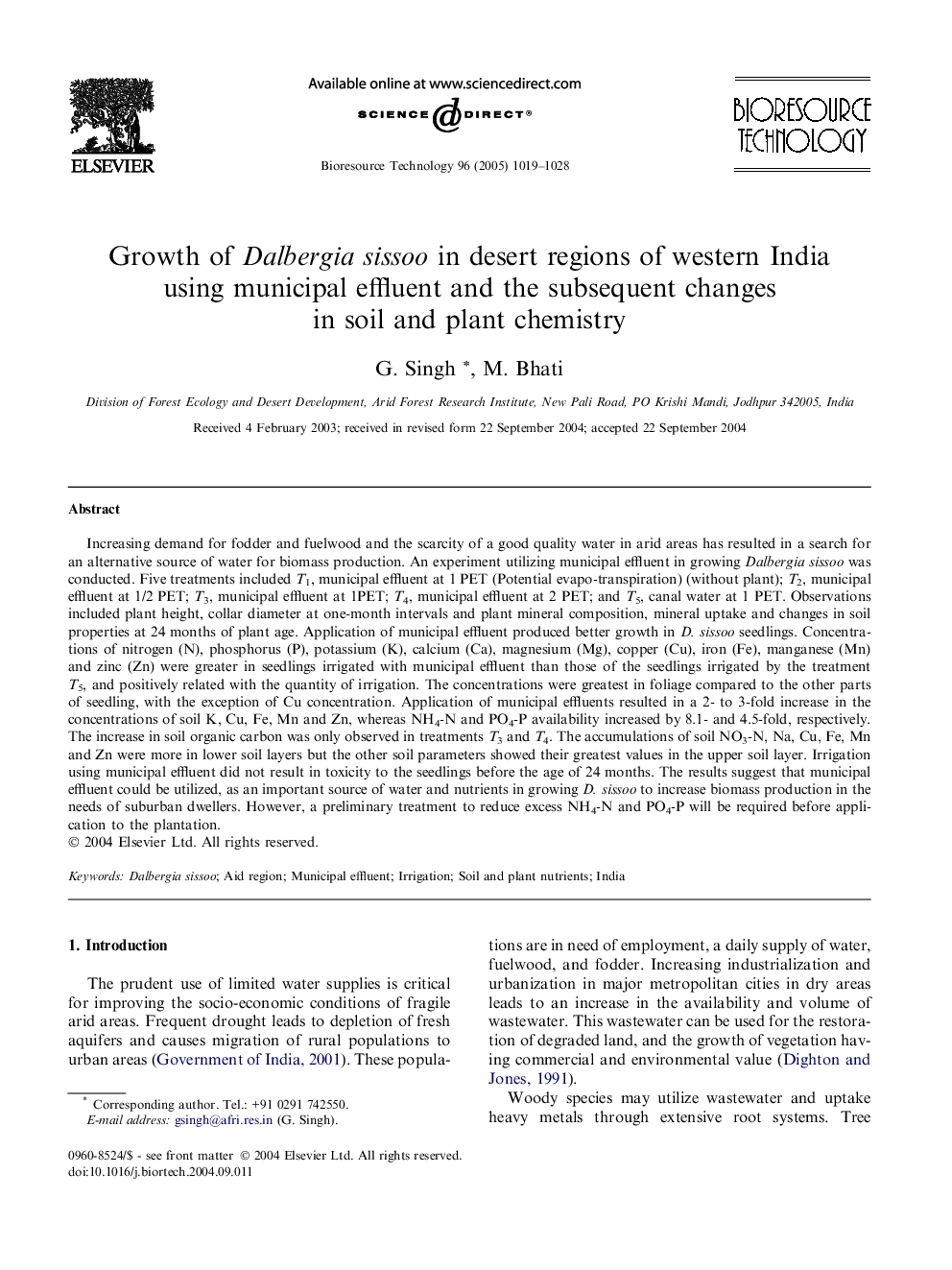 Growth of Dalbergia sissoo in desert regions of western India using municipal effluent and the subsequent changes in soil and plant chemistry