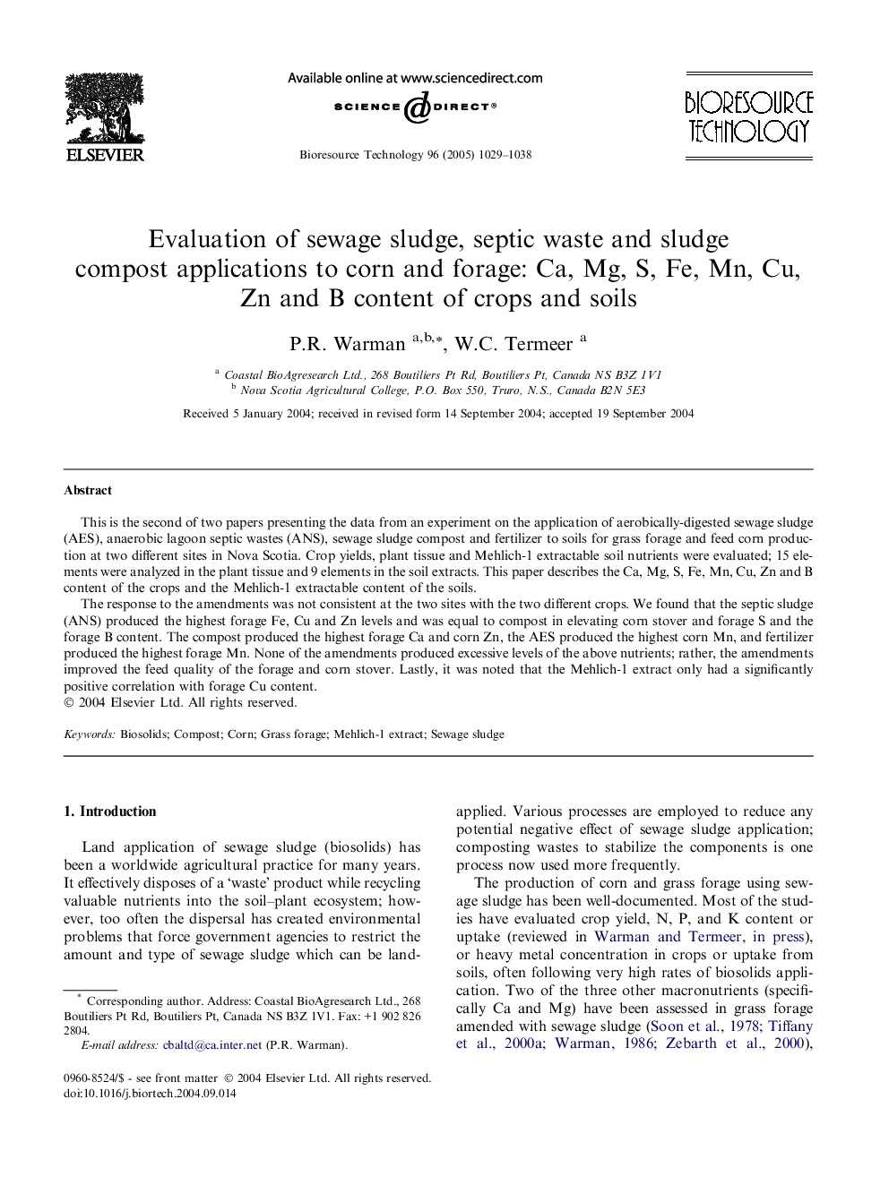 Evaluation of sewage sludge, septic waste and sludge compost applications to corn and forage: Ca, Mg, S, Fe, Mn, Cu, Zn and B content of crops and soils