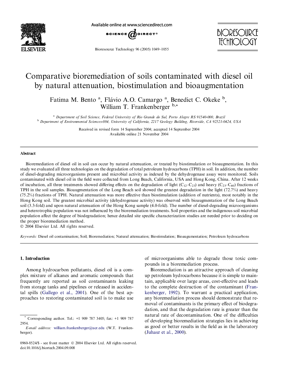 Comparative bioremediation of soils contaminated with diesel oil by natural attenuation, biostimulation and bioaugmentation