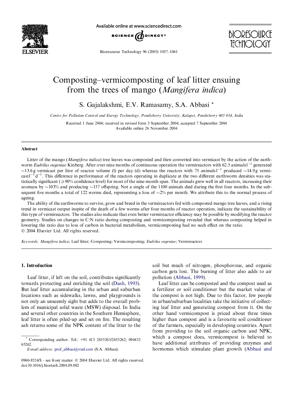 Composting-vermicomposting of leaf litter ensuing from the trees of mango (Mangifera indica)