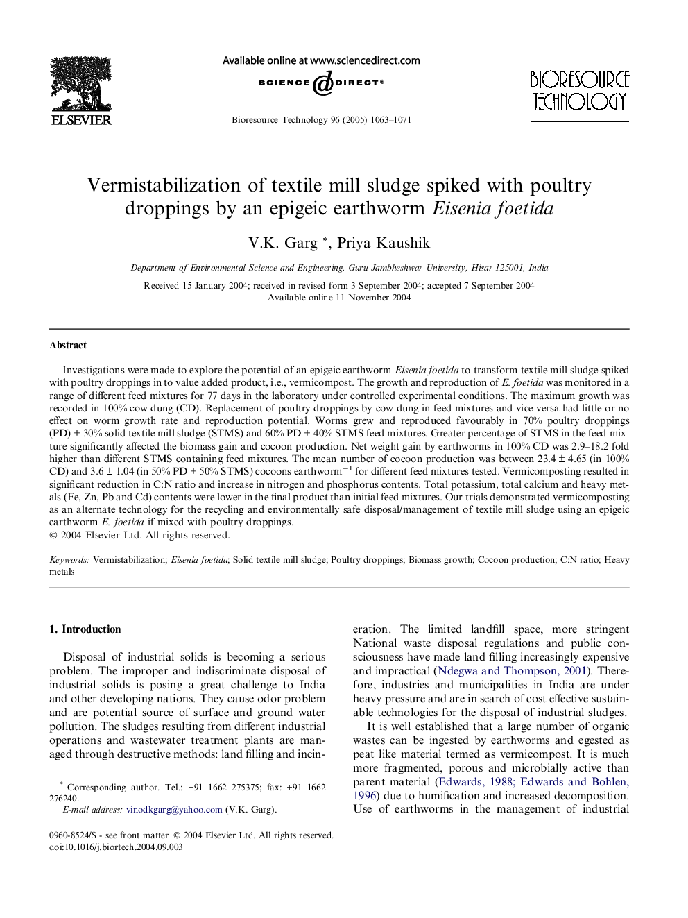 Vermistabilization of textile mill sludge spiked with poultry droppings by an epigeic earthworm Eisenia foetida