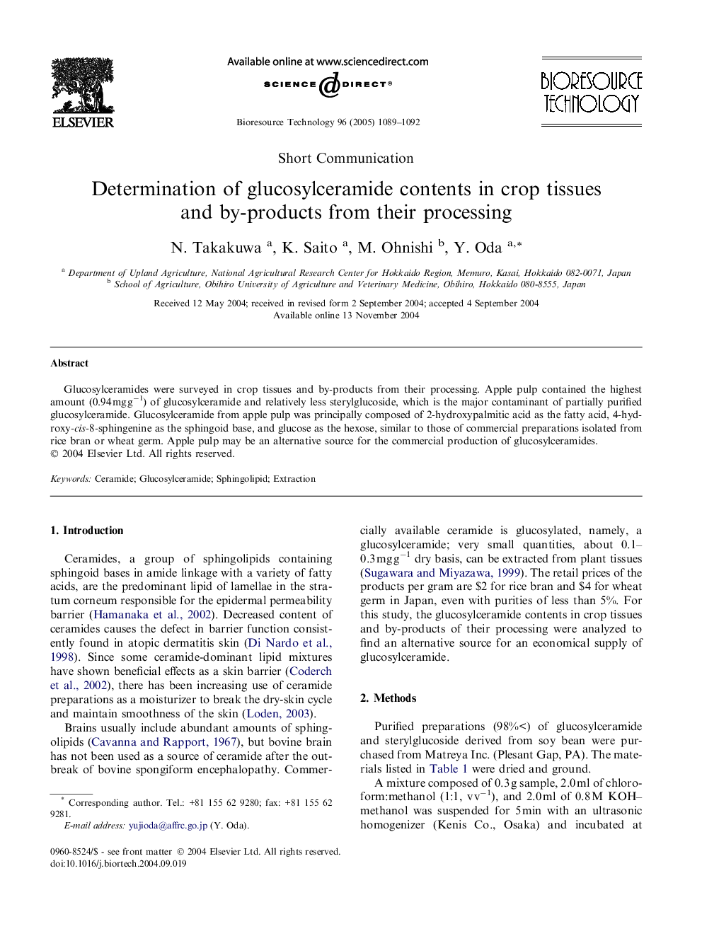 Determination of glucosylceramide contents in crop tissues and by-products from their processing