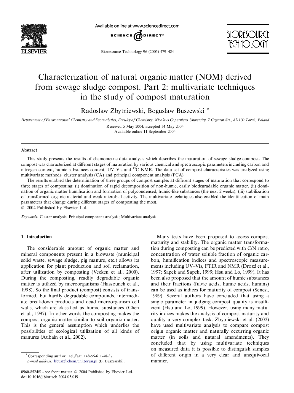 Characterization of natural organic matter (NOM) derived from sewage sludge compost. Part 2: multivariate techniques in the study of compost maturation