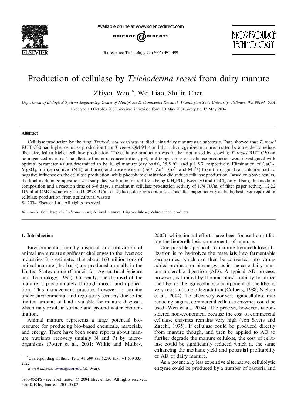 Production of cellulase by Trichoderma reesei from dairy manure