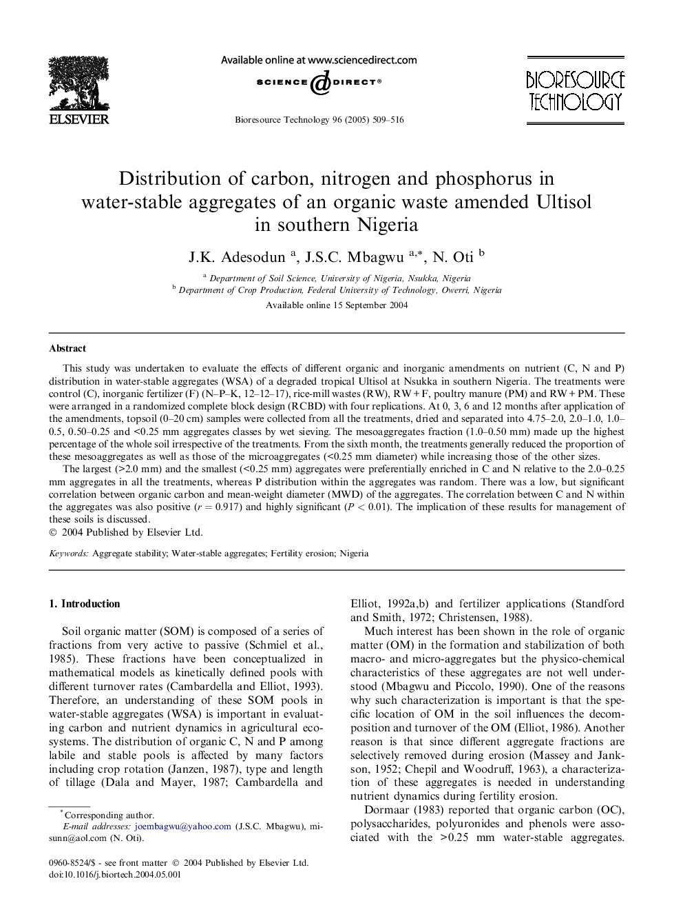 Distribution of carbon, nitrogen and phosphorus in water-stable aggregates of an organic waste amended Ultisol in southern Nigeria