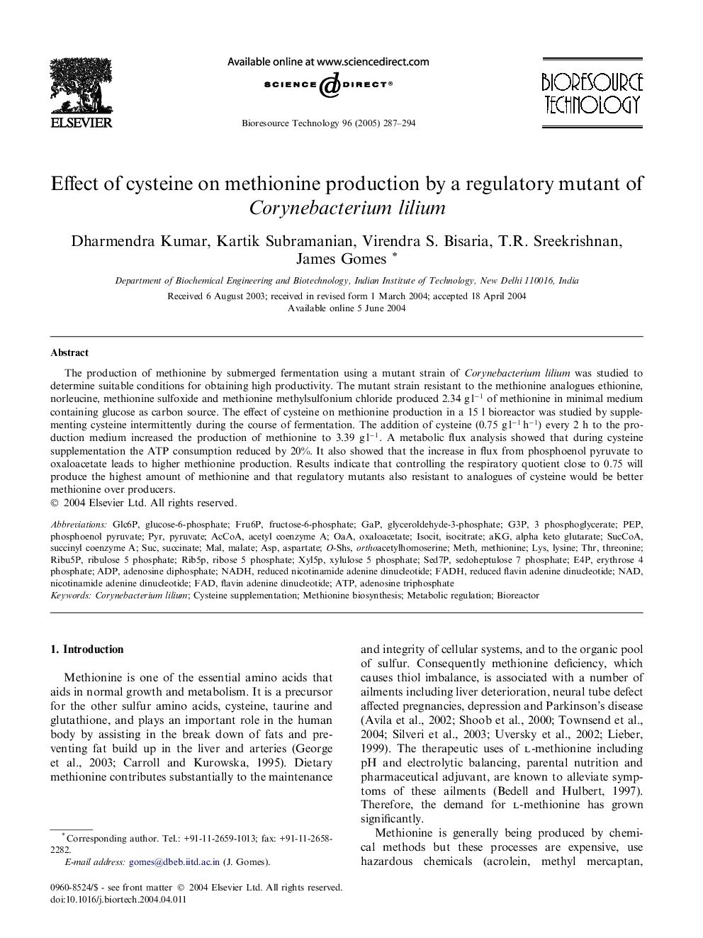 Effect of cysteine on methionine production by a regulatory mutant of Corynebacterium lilium