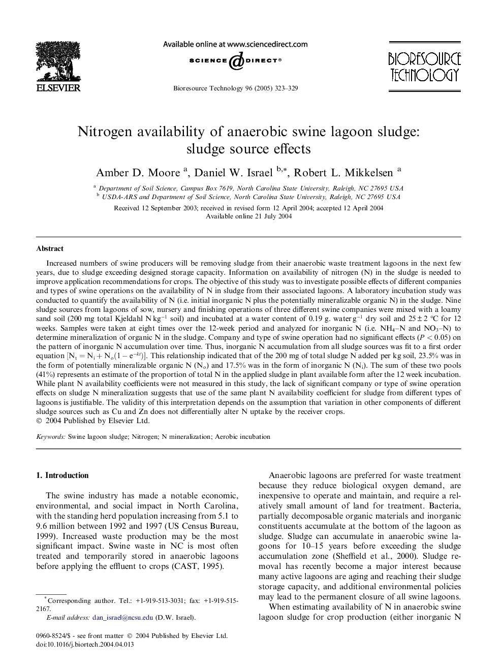 Nitrogen availability of anaerobic swine lagoon sludge: sludge source effects