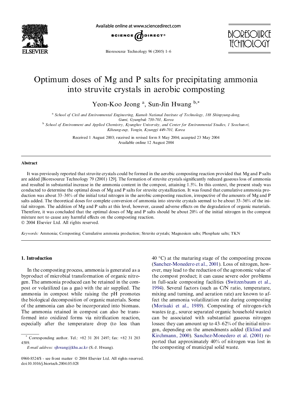Optimum doses of Mg and P salts for precipitating ammonia into struvite crystals in aerobic composting
