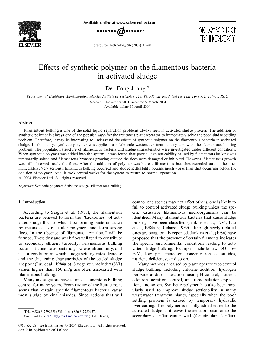 Effects of synthetic polymer on the filamentous bacteria in activated sludge