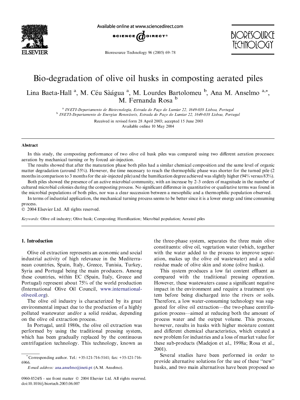 Bio-degradation of olive oil husks in composting aerated piles