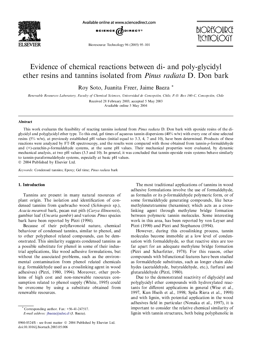 Evidence of chemical reactions between di- and poly-glycidyl ether resins and tannins isolated from Pinus radiata D. Don bark