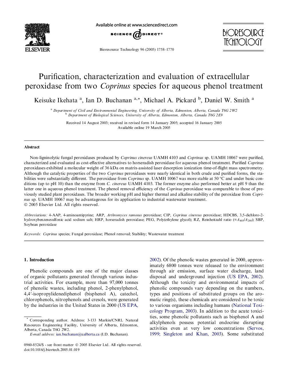 Purification, characterization and evaluation of extracellular peroxidase from two Coprinus species for aqueous phenol treatment