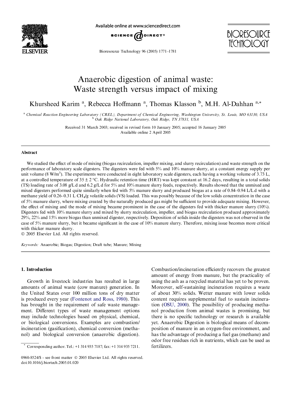 Anaerobic digestion of animal waste: Waste strength versus impact of mixing