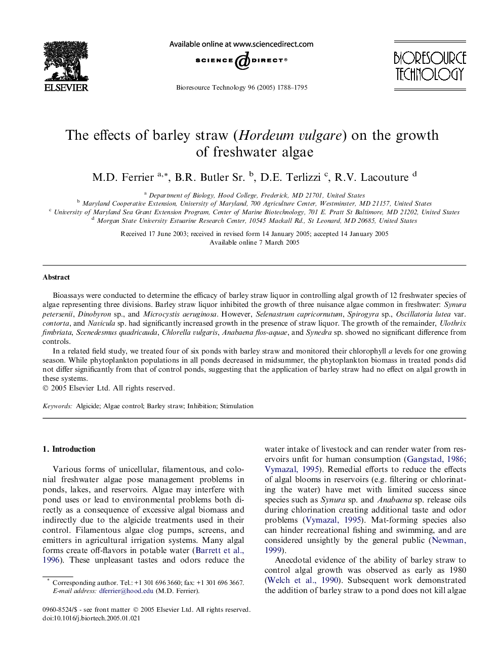 The effects of barley straw (Hordeum vulgare) on the growth of freshwater algae