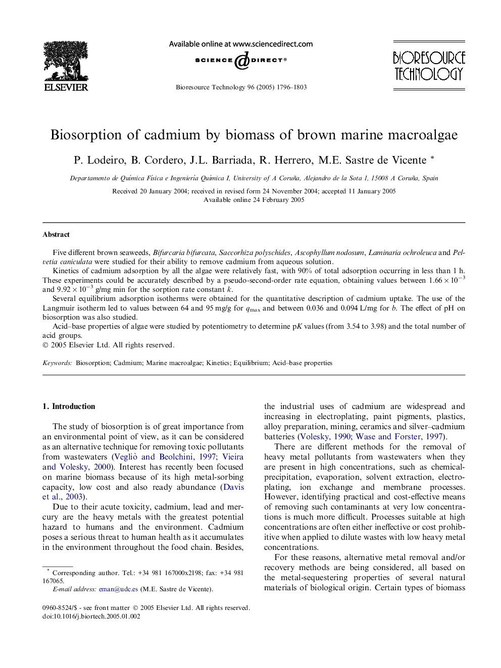 Biosorption of cadmium by biomass of brown marine macroalgae