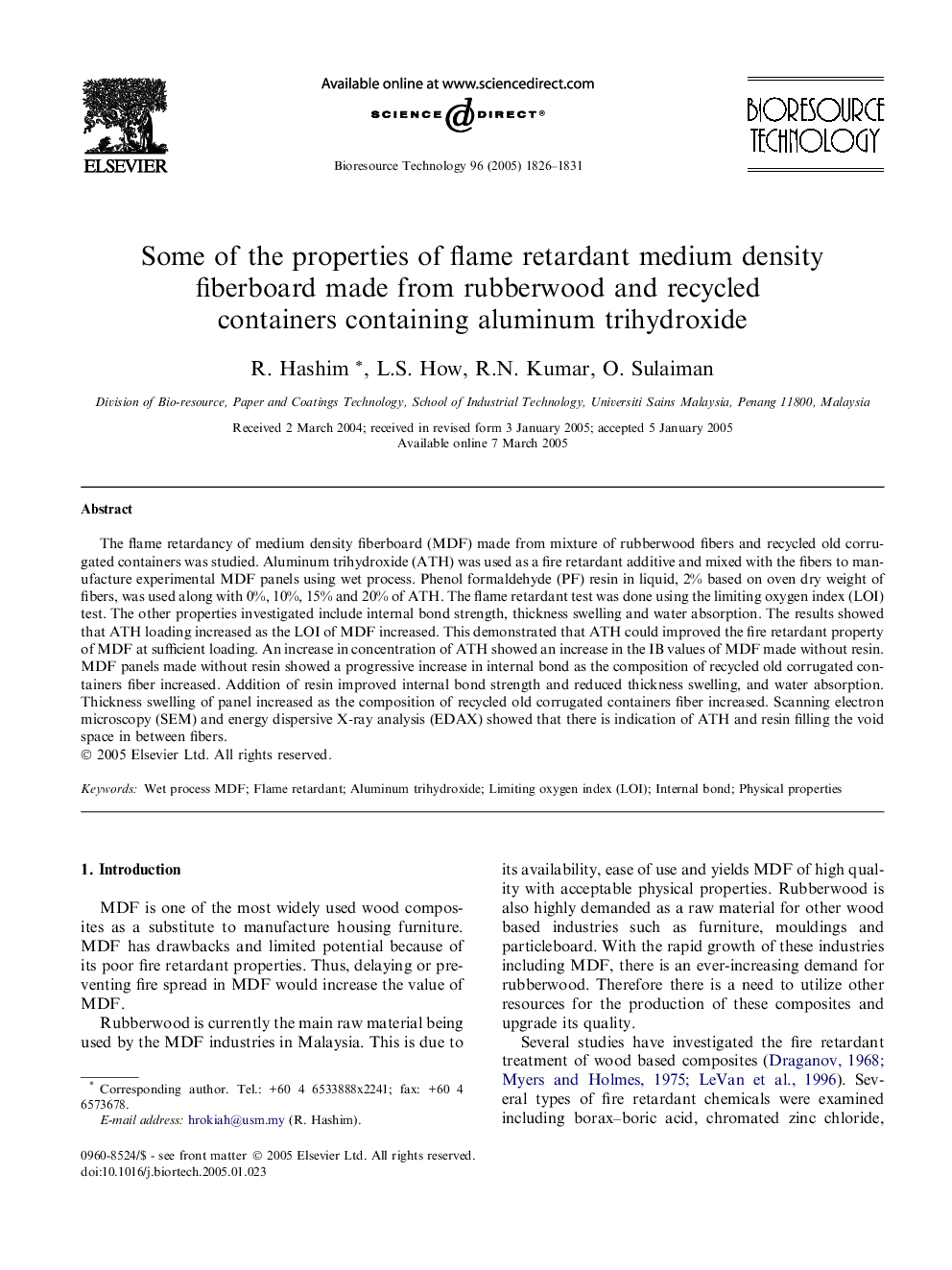 عکس صفحه اول مقاله: Some of the properties of flame retardant medium density fiberboard made from rubberwood and recycled containers containing aluminum trihydroxide Some of the properties of flame retardant medium density fiberboard made from rubberwood and recycled containers containing aluminum trihydroxide