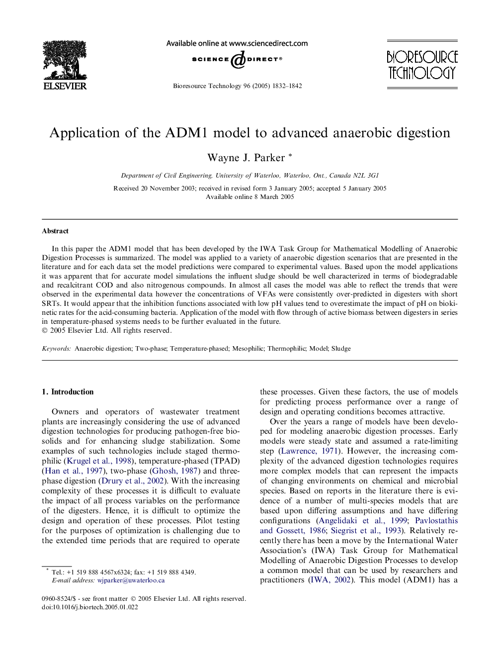 Application of the ADM1 model to advanced anaerobic digestion