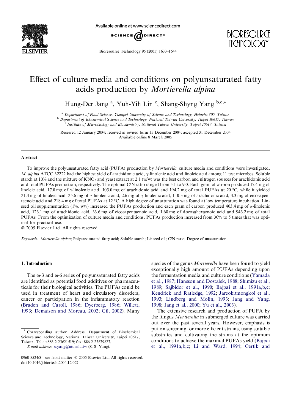 Effect of culture media and conditions on polyunsaturated fatty acids production by Mortierella alpina