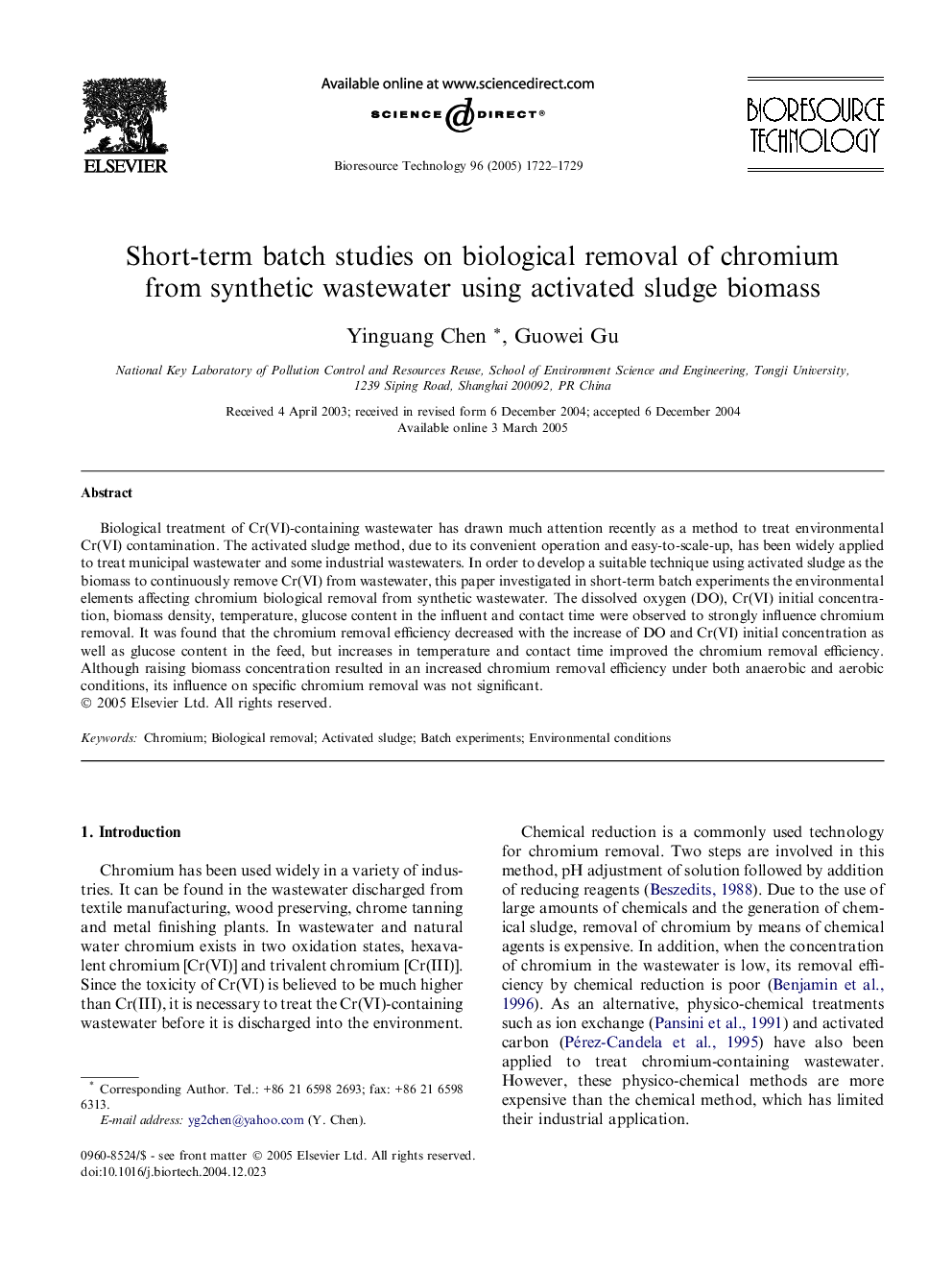 Short-term batch studies on biological removal of chromium from synthetic wastewater using activated sludge biomass