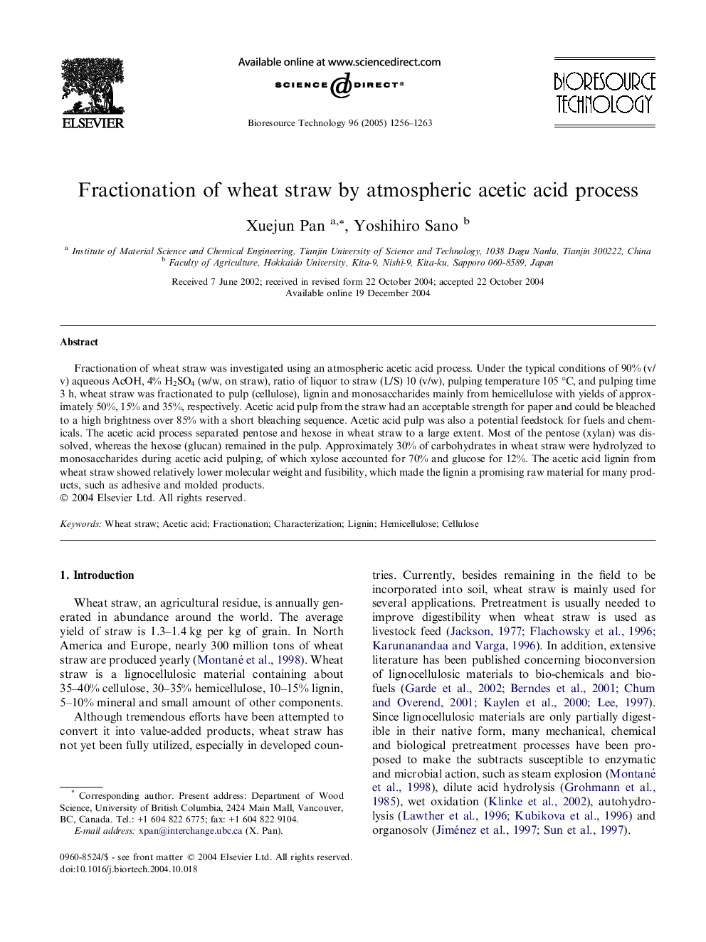 Fractionation of wheat straw by atmospheric acetic acid process