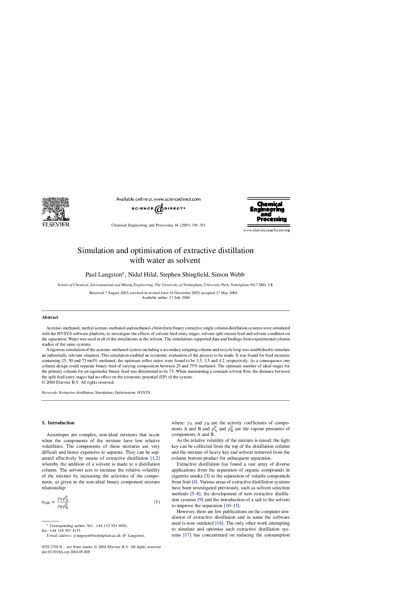 عکس صفحه اول مقاله: Simulation and optimisation of extractive distillation with water as solvent Simulation and optimisation of extractive distillation with water as solvent