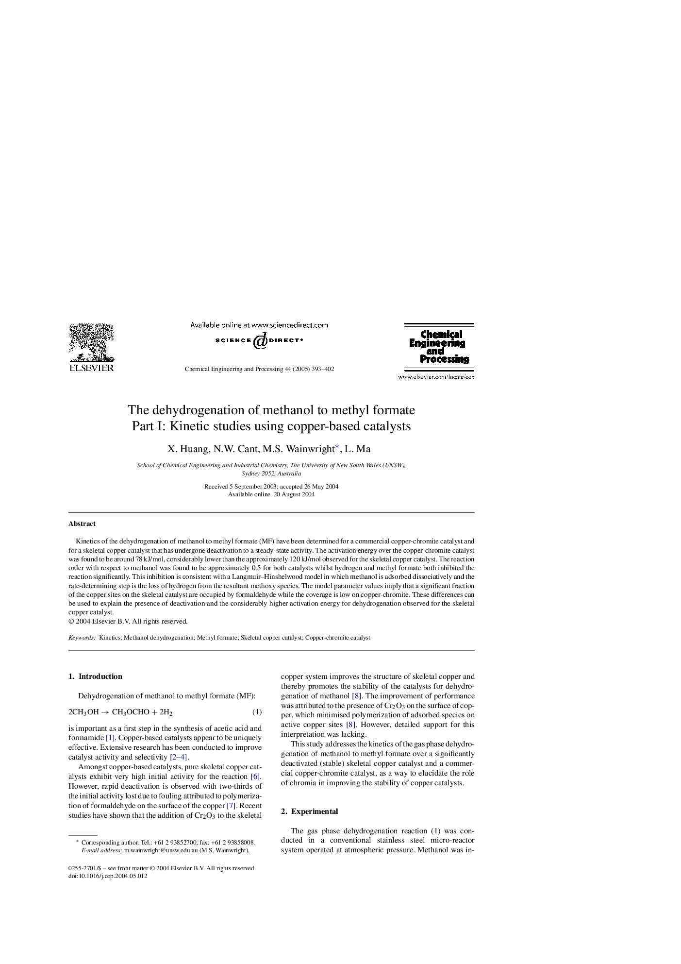 The dehydrogenation of methanol to methyl formate