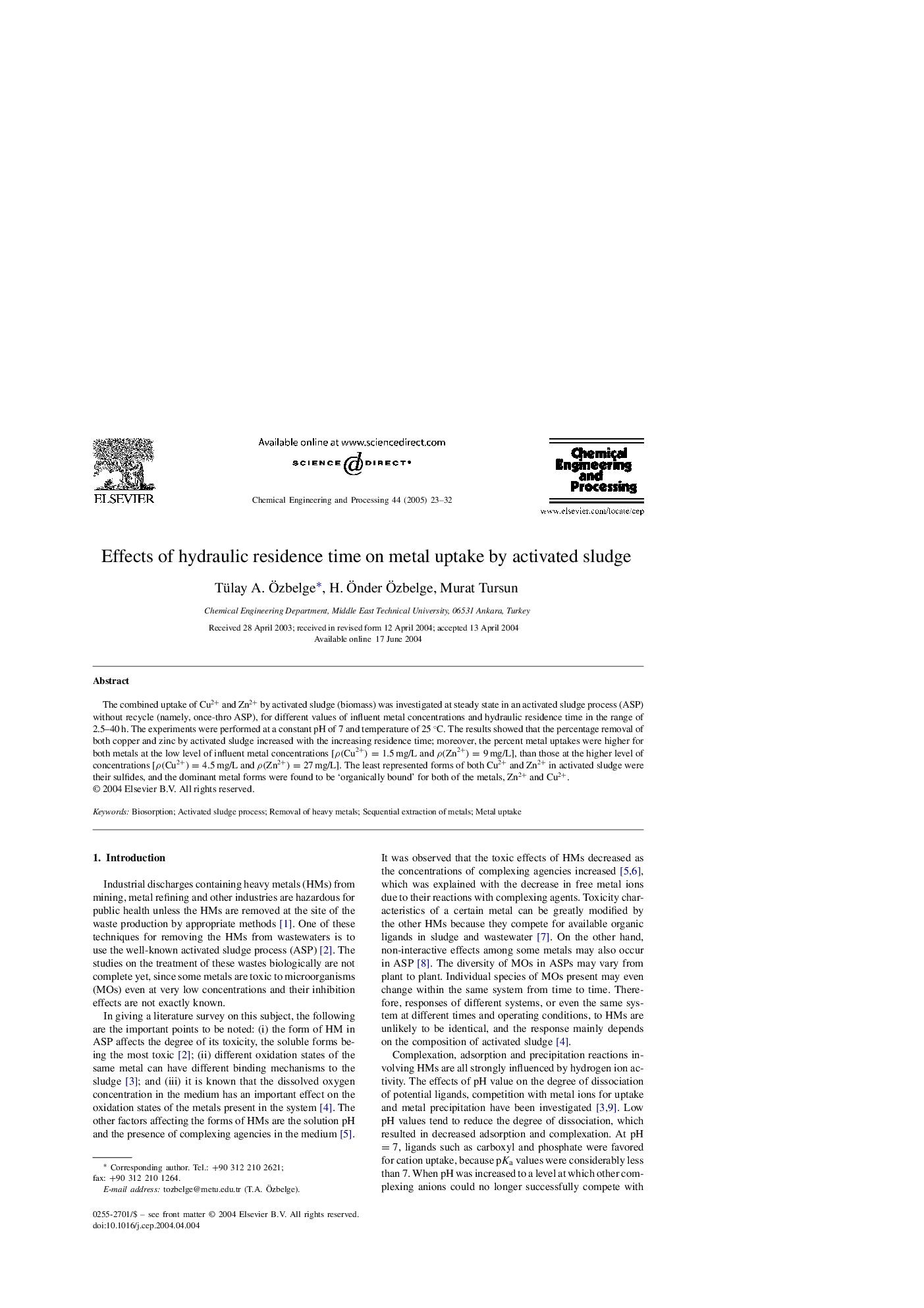 Effects of hydraulic residence time on metal uptake by activated sludge