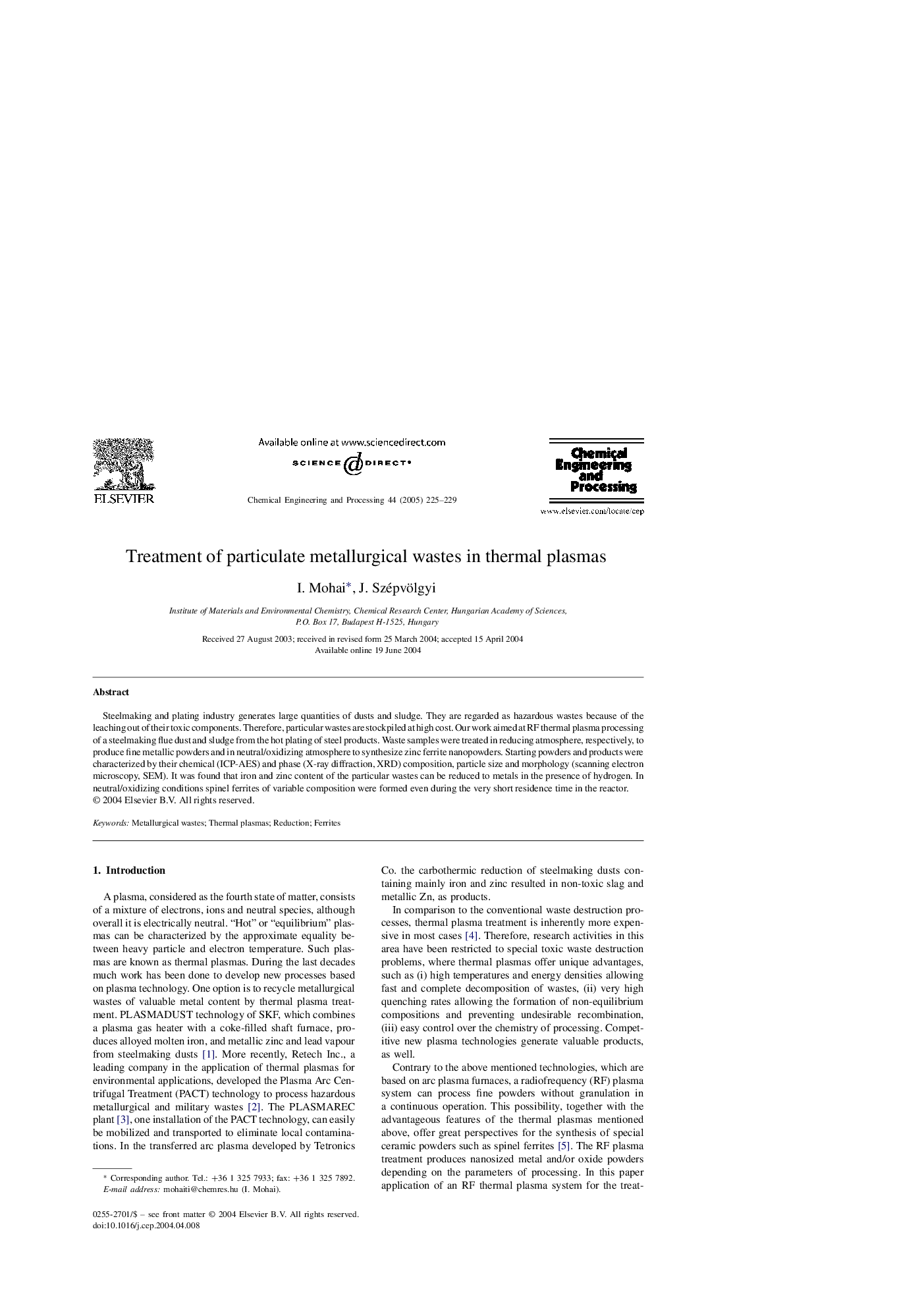 Treatment of particulate metallurgical wastes in thermal plasmas