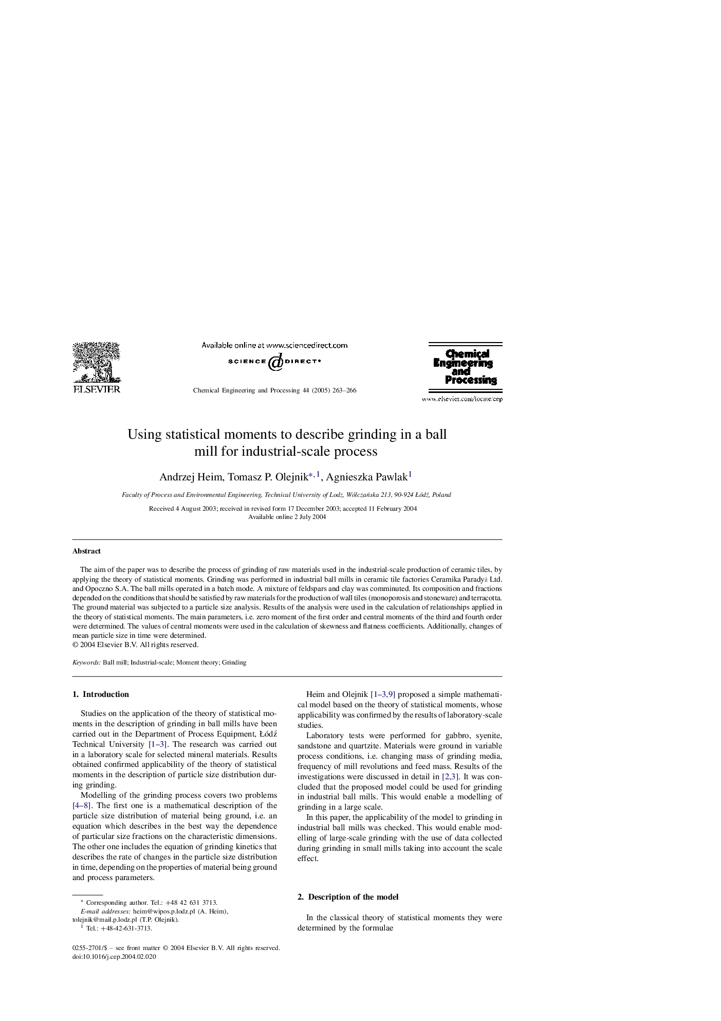 Using statistical moments to describe grinding in a ball mill for industrial-scale process