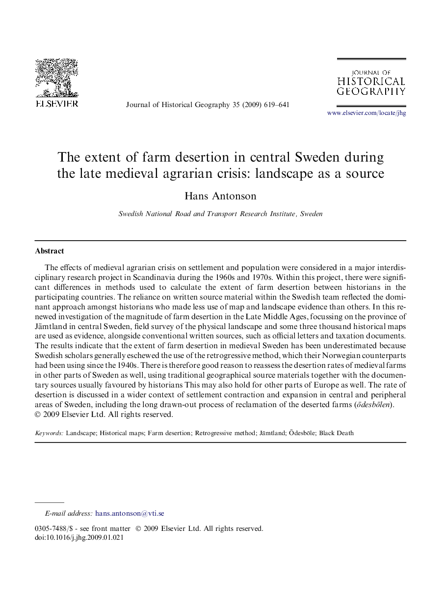 The extent of farm desertion in central Sweden during the late medieval agrarian crisis: landscape as a source