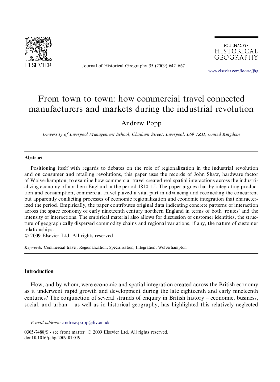 From town to town: how commercial travel connected manufacturers and markets during the industrial revolution