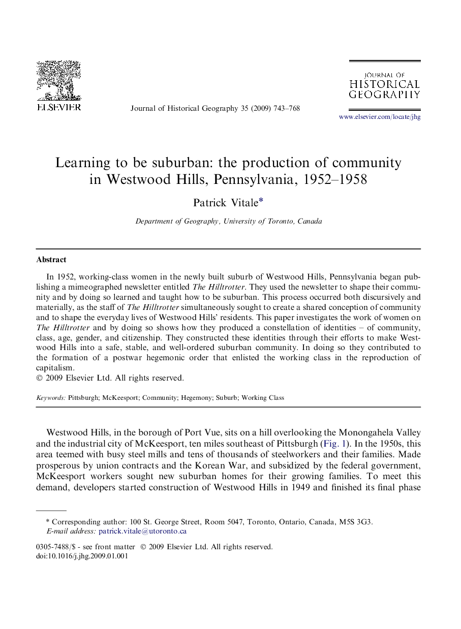 Learning to be suburban: the production of community in Westwood Hills, Pennsylvania, 1952–1958