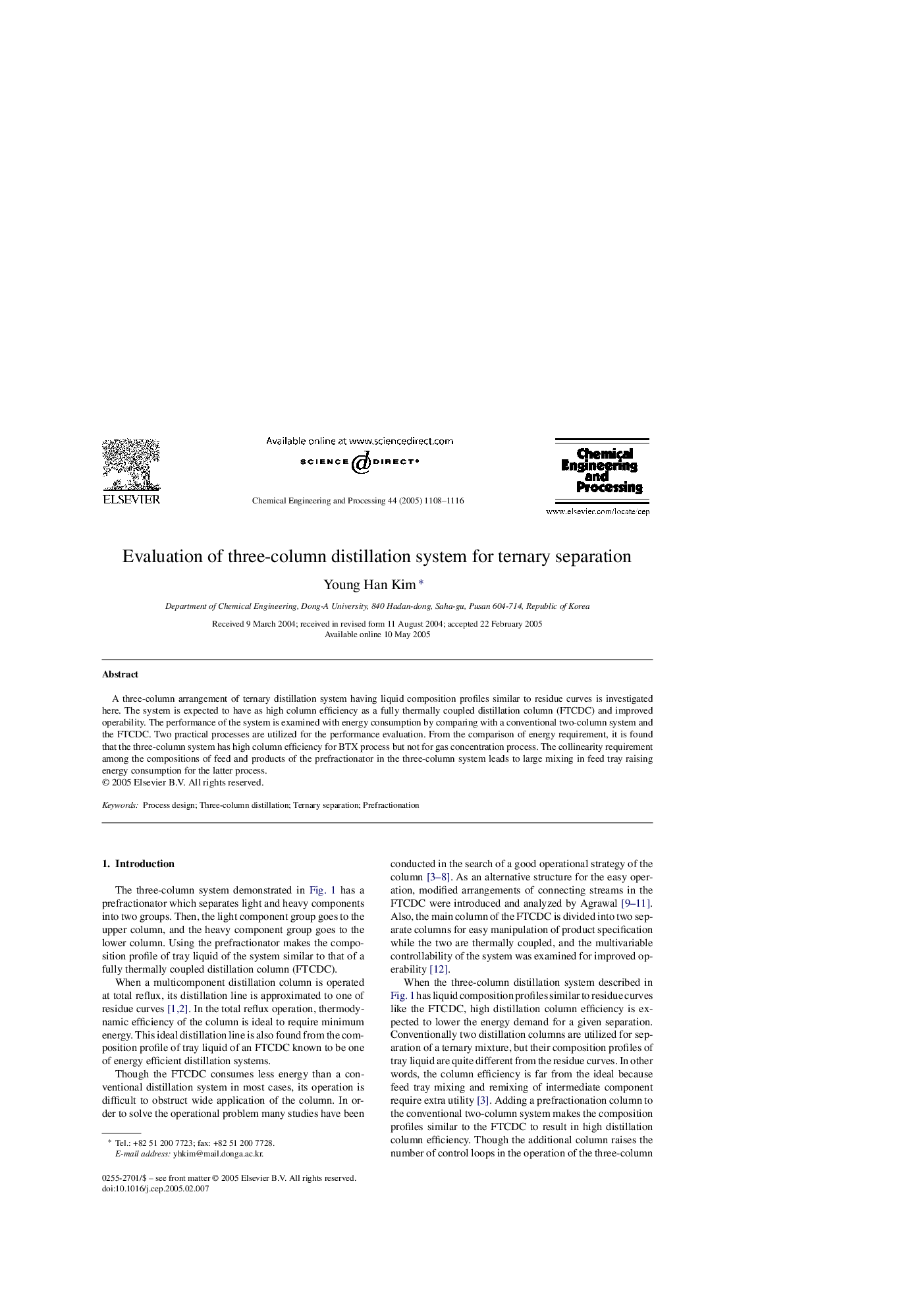 Evaluation of three-column distillation system for ternary separation