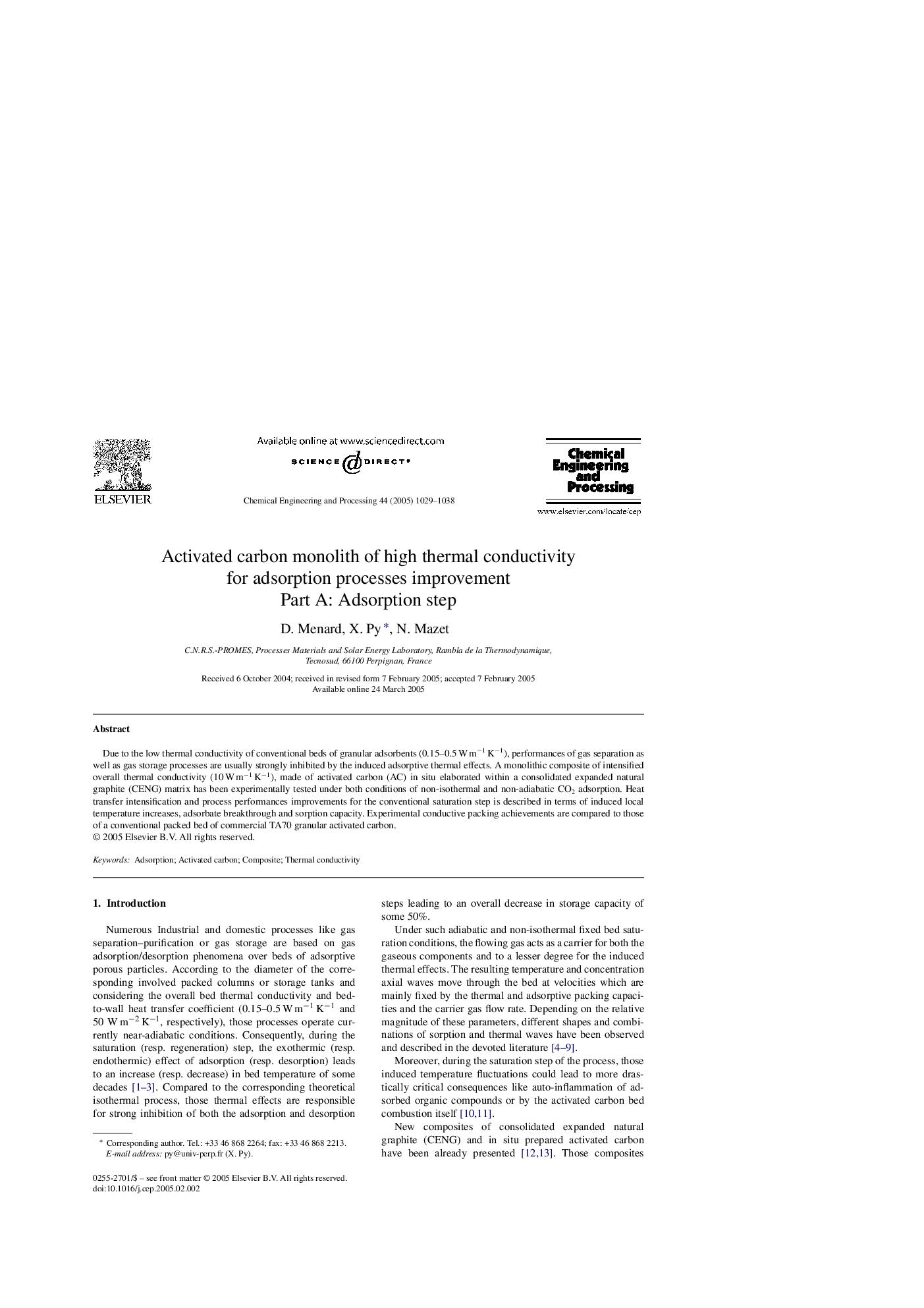 Activated carbon monolith of high thermal conductivity for adsorption processes improvement