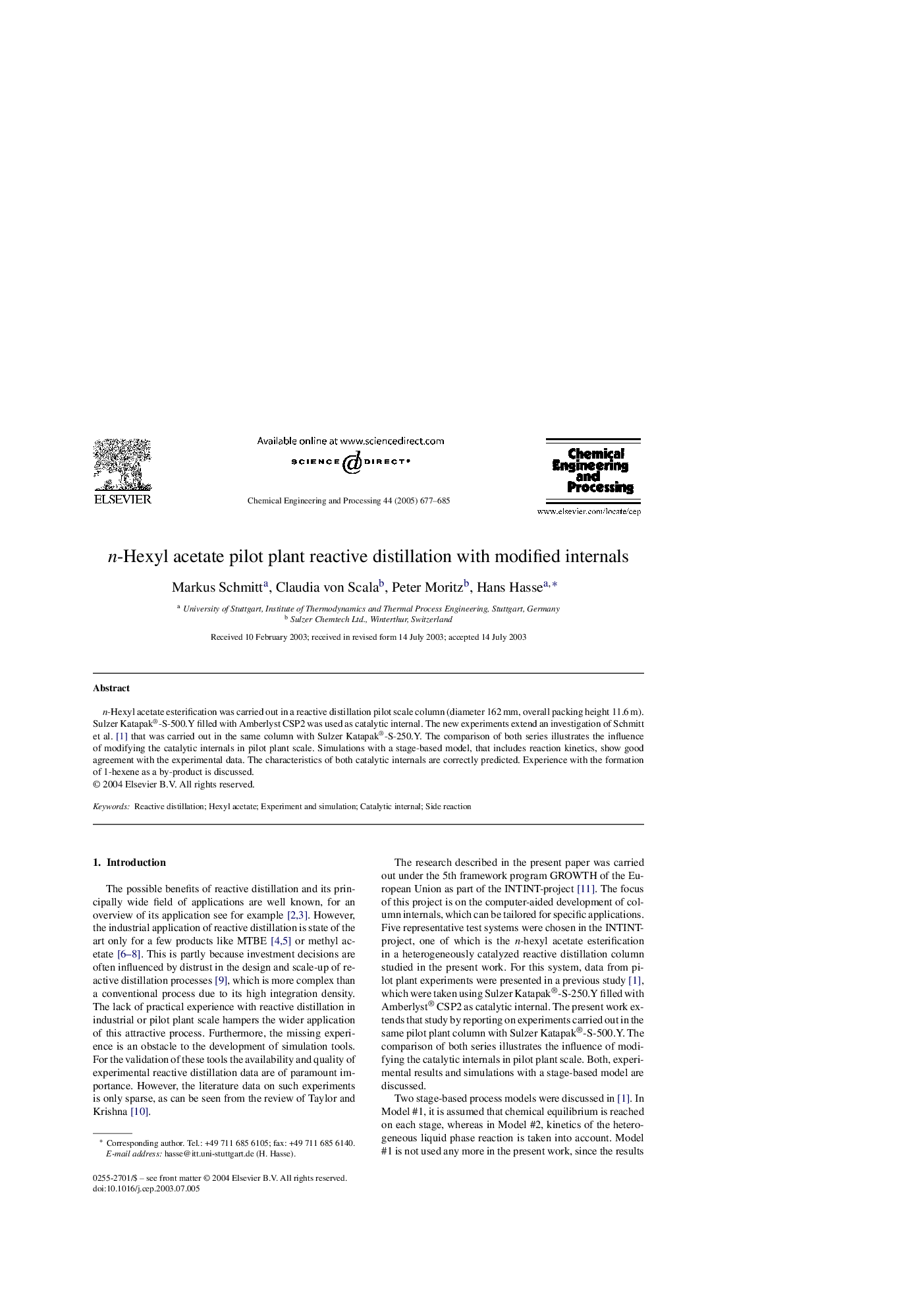 n-Hexyl acetate pilot plant reactive distillation with modified internals