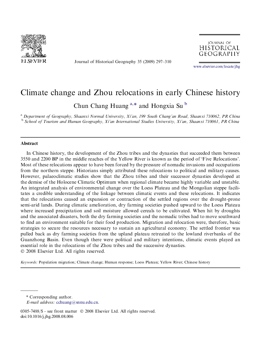 Climate change and Zhou relocations in early Chinese history