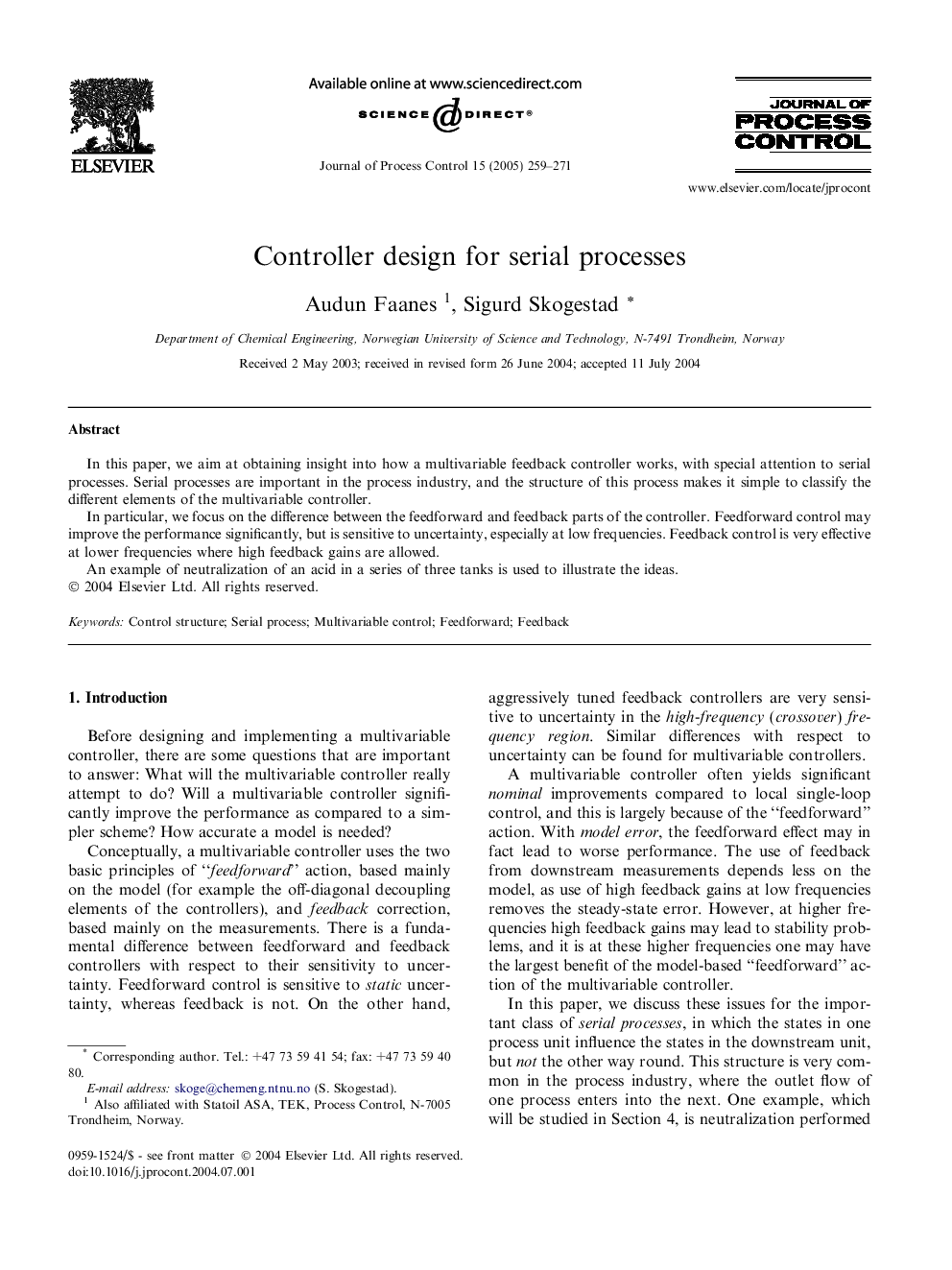 Controller design for serial processes