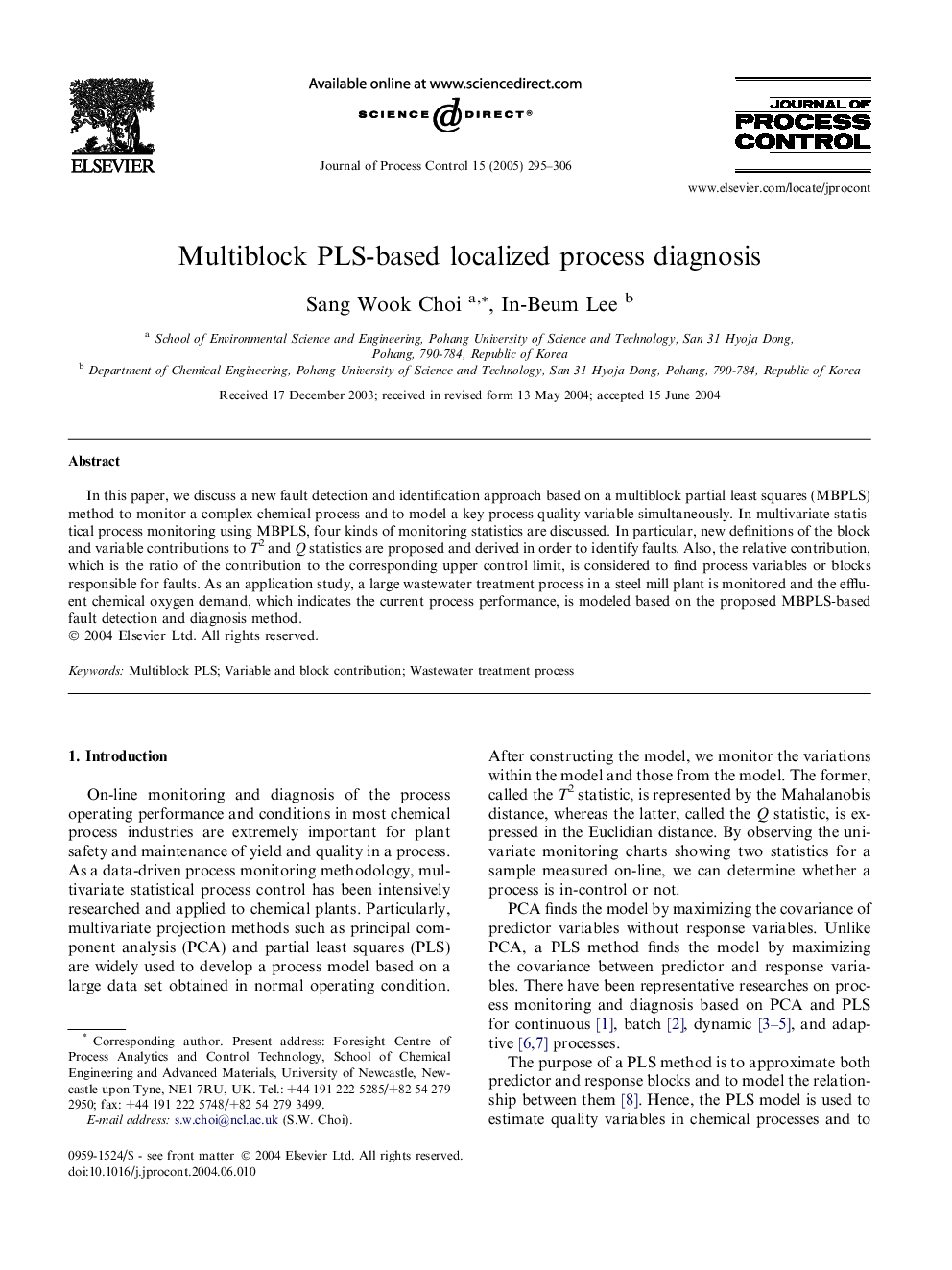 Multiblock PLS-based localized process diagnosis