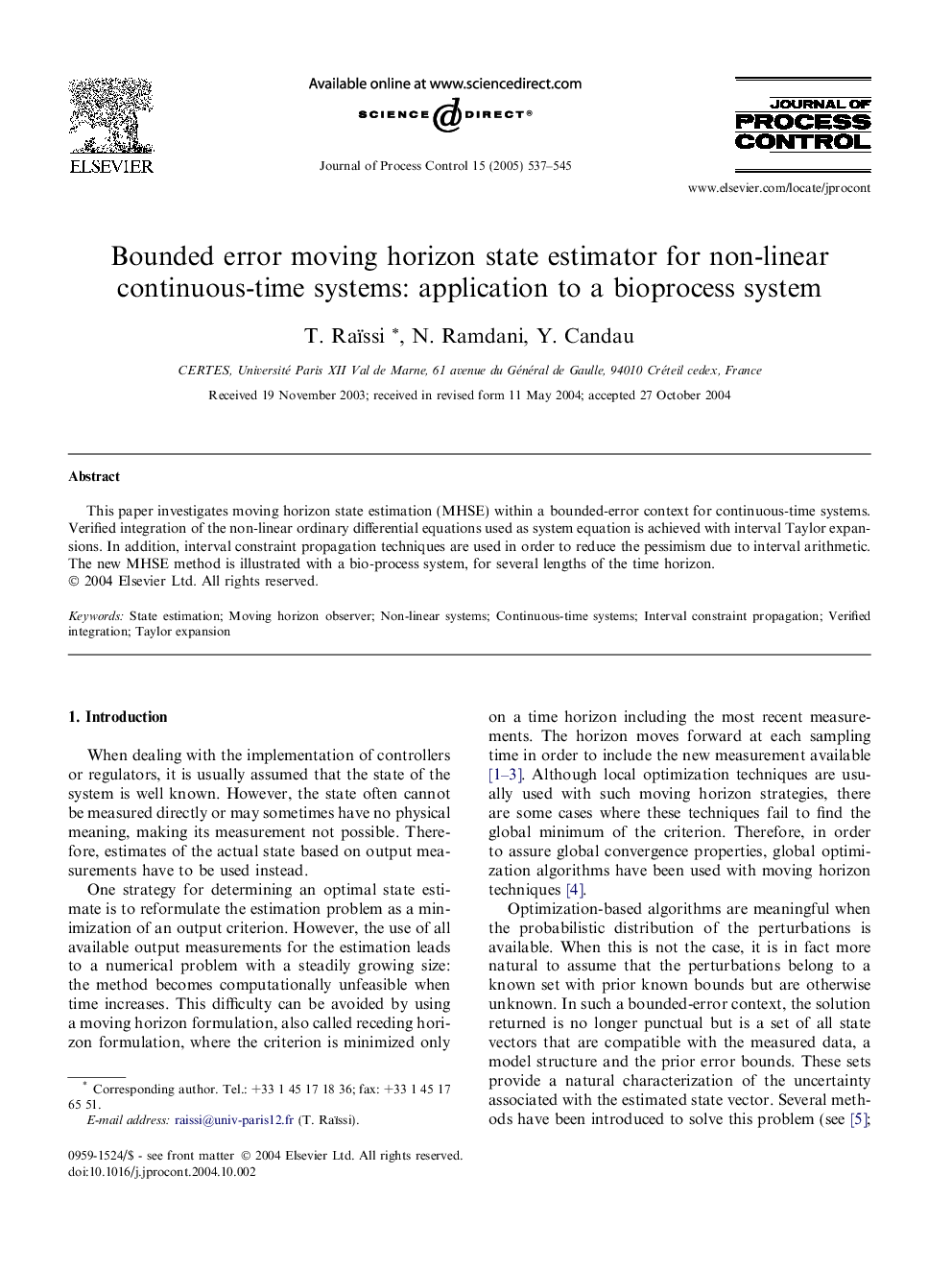 Bounded error moving horizon state estimator for non-linear continuous-time systems: application to a bioprocess system