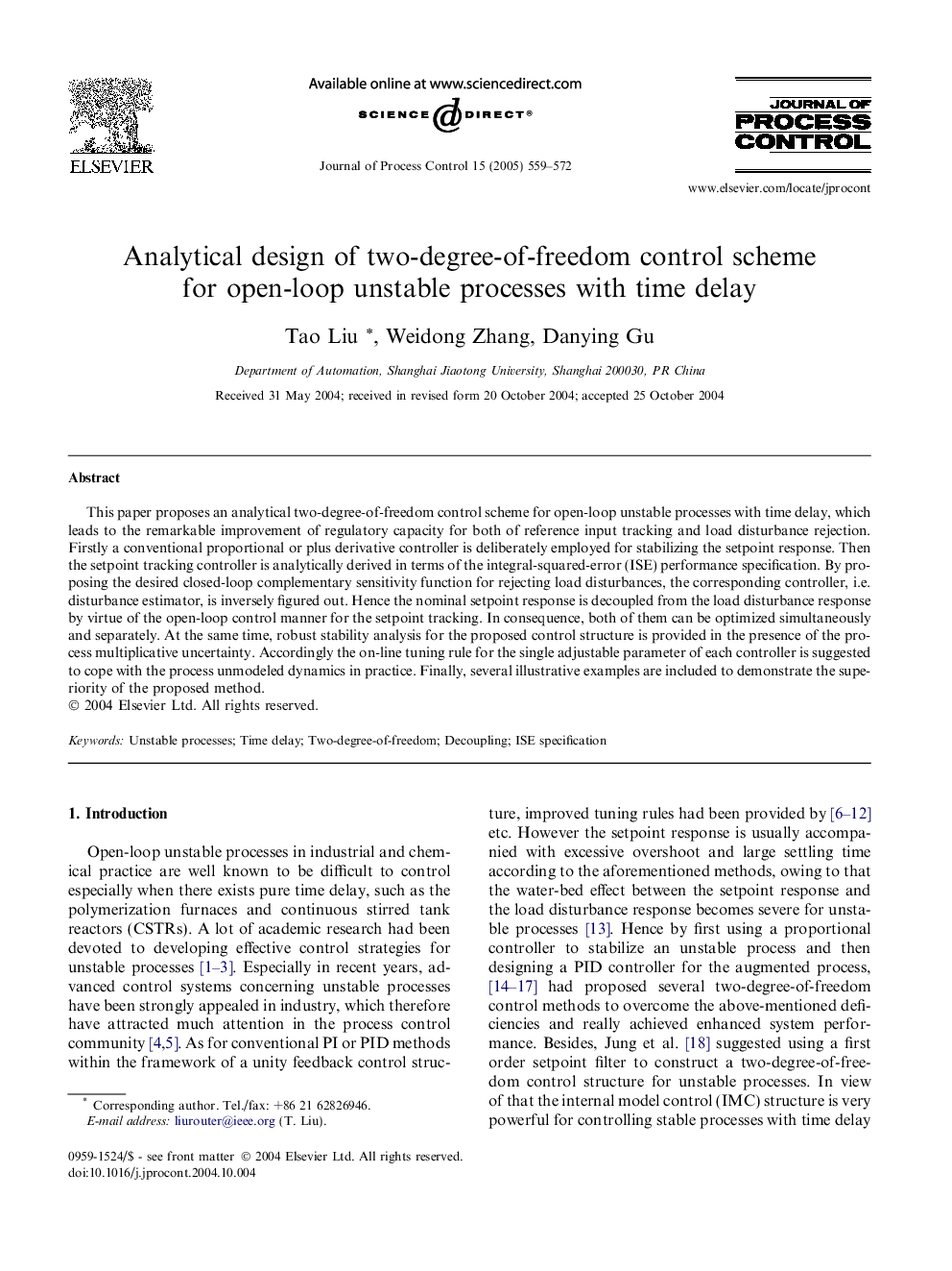 Analytical design of two-degree-of-freedom control scheme for open-loop unstable processes with time delay