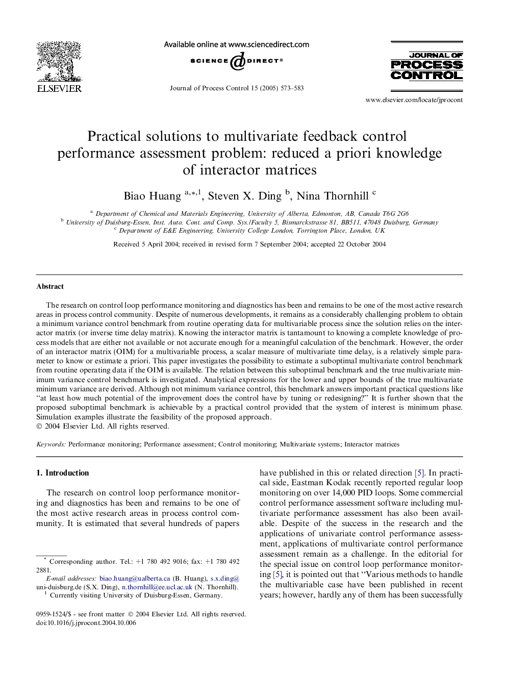 Practical solutions to multivariate feedback control performance assessment problem: reduced a priori knowledge of interactor matrices