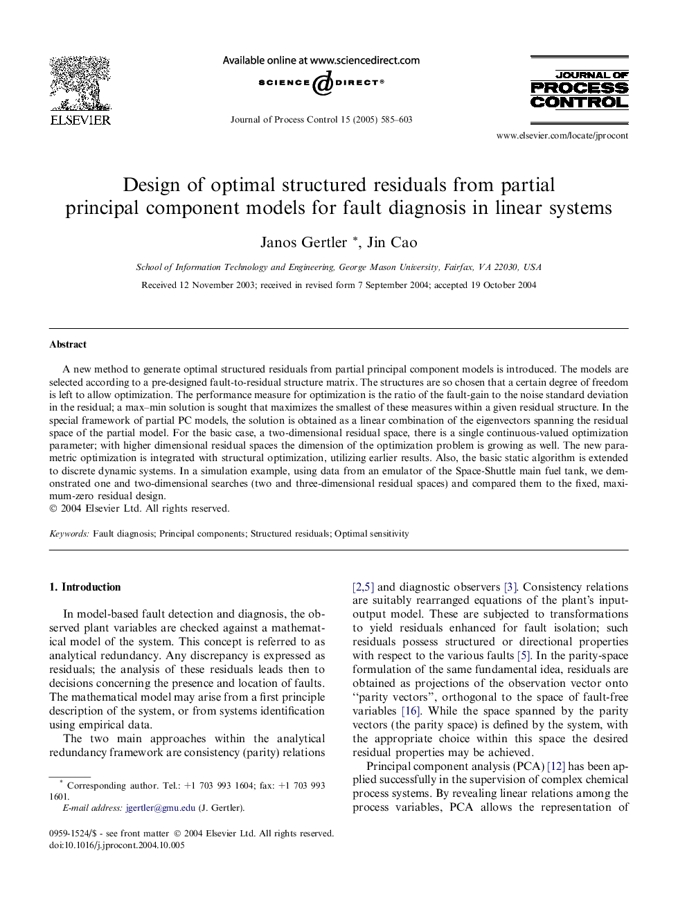 Design of optimal structured residuals from partial principal component models for fault diagnosis in linear systems