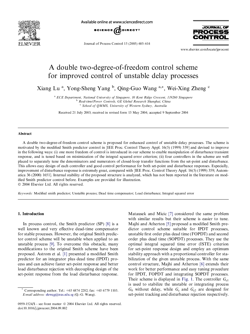 A double two-degree-of-freedom control scheme for improved control of unstable delay processes